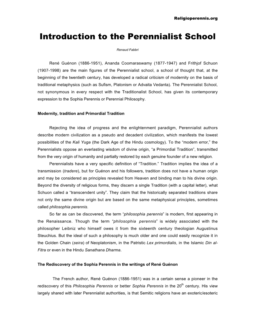 Introduction to the Perennialist School