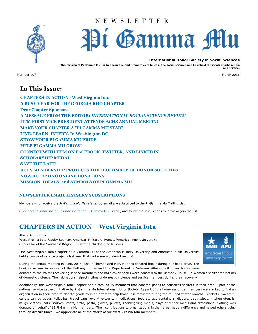 Pi Gamma Mu International Newsletter: March 2016