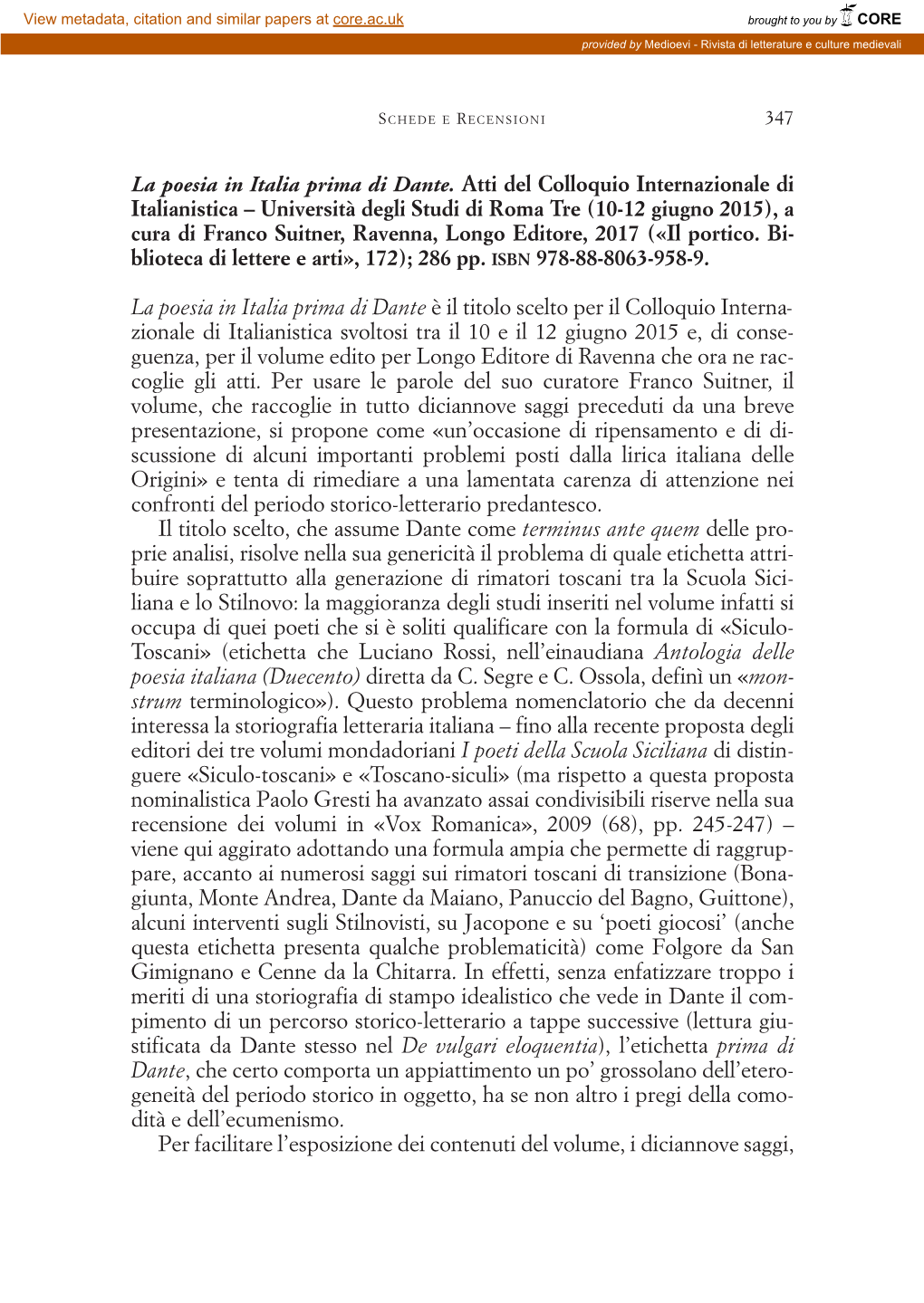 La Poesia in Italia Prima Di Dante. Atti Del Colloquio