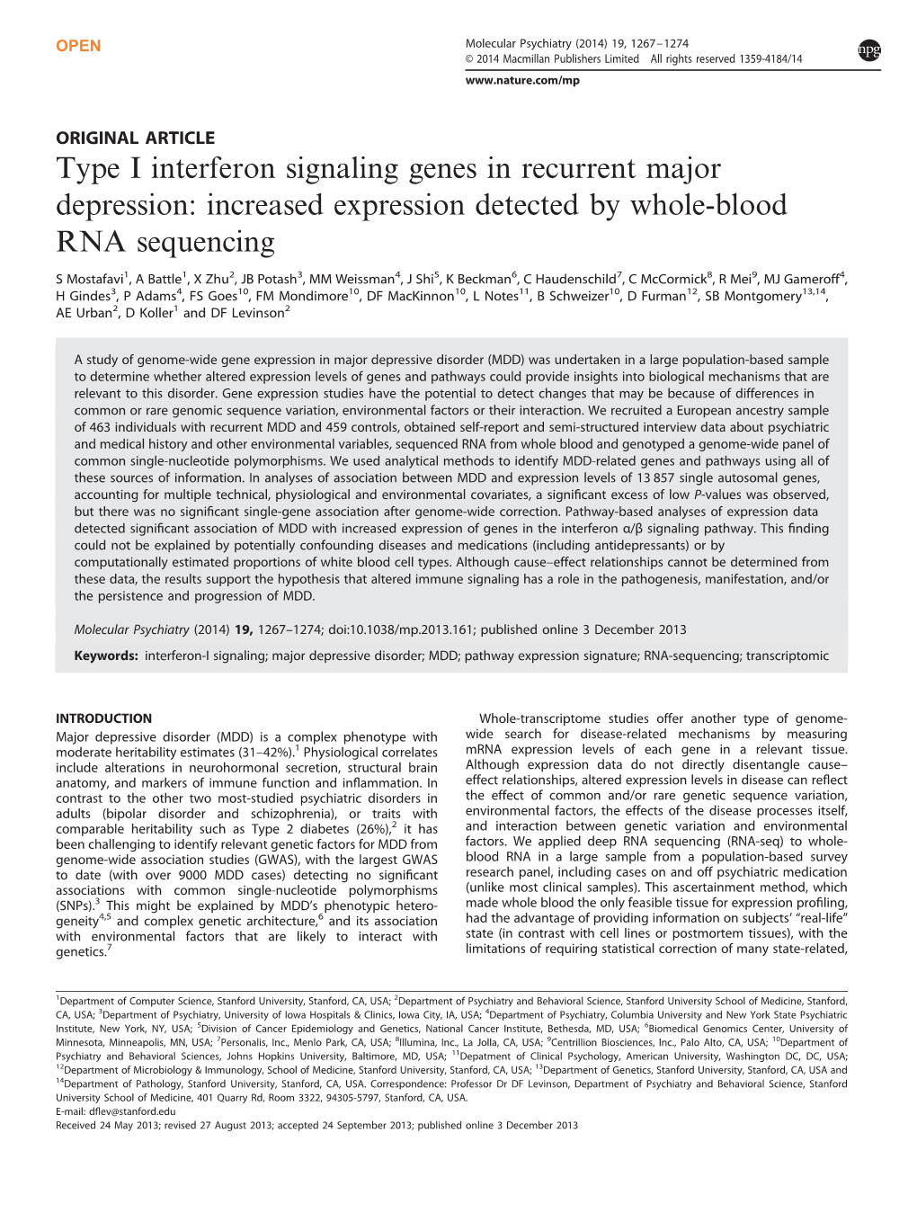 Type I Interferon Signaling Genes in Recurrent Major Depression: Increased Expression Detected by Whole-Blood RNA Sequencing