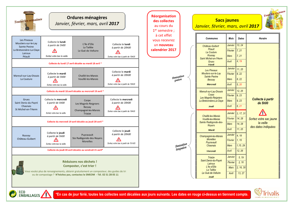 Ordures Ménagères Janvier, Février, Mars, Avril 2017 Sacs Jaunes Janvier, Février, Mars, Avril 2017