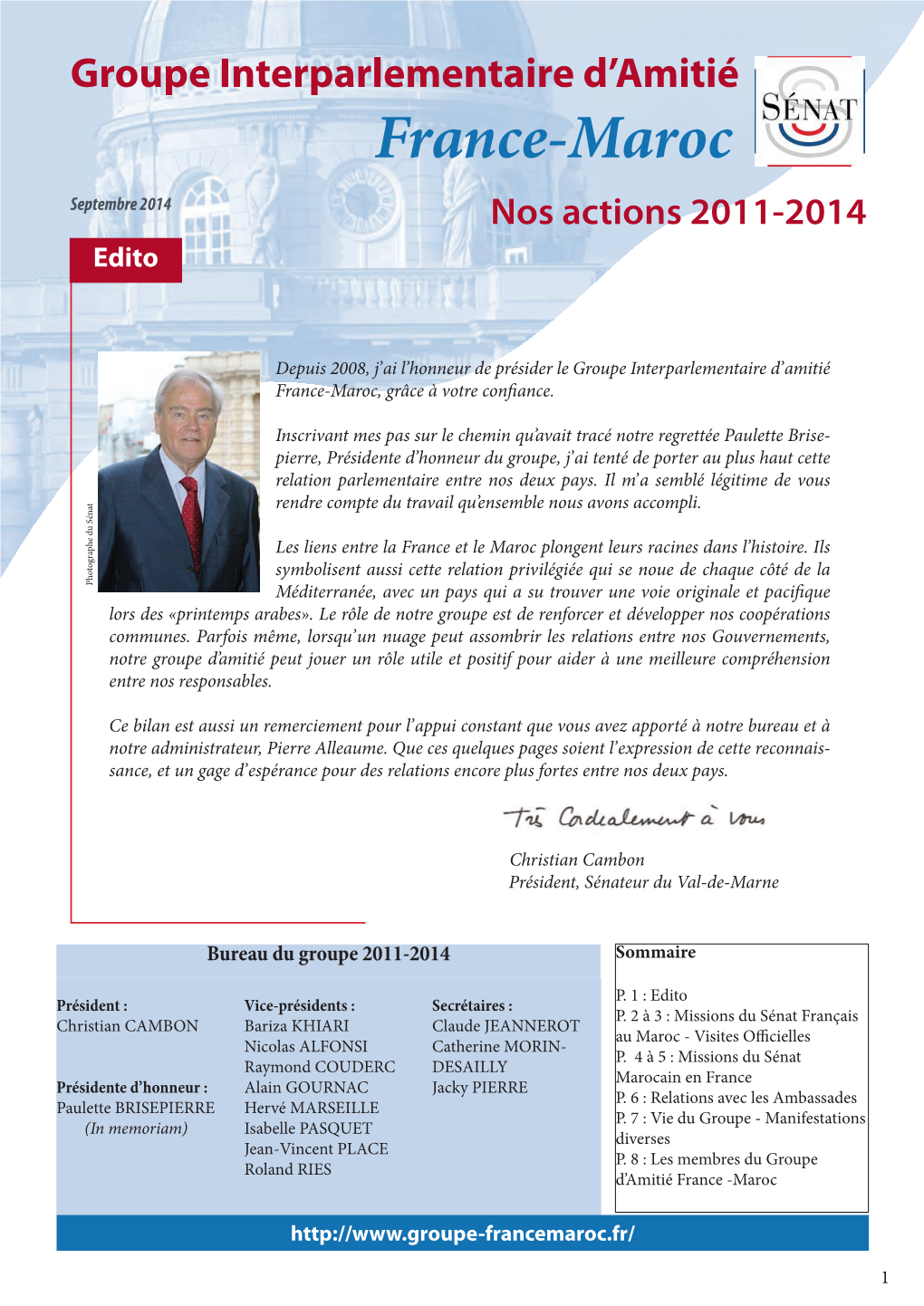 France-Maroc Septembre 2014 Nos Actions 2011-2014 Edito