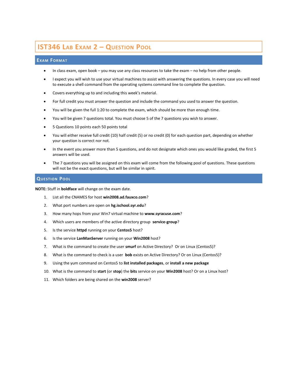 IST346 Lab Exam 2 Question Pool