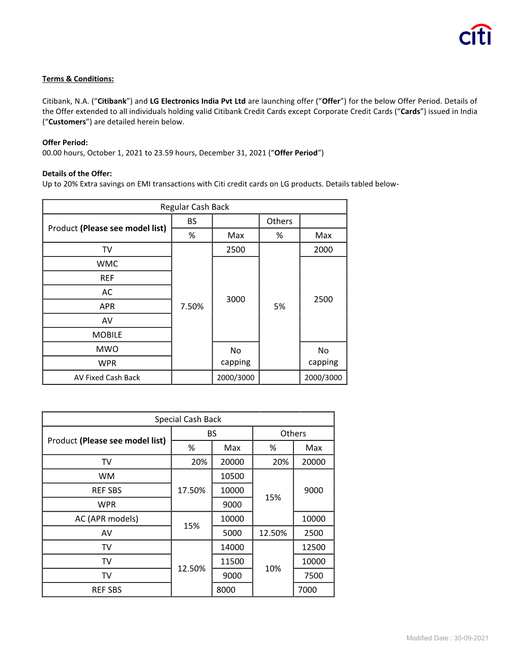 Terms & Conditions: Citibank, N.A. (“Citibank”) and LG Electronics India Pvt Ltd Are Launching Offer (“Offer”) for T