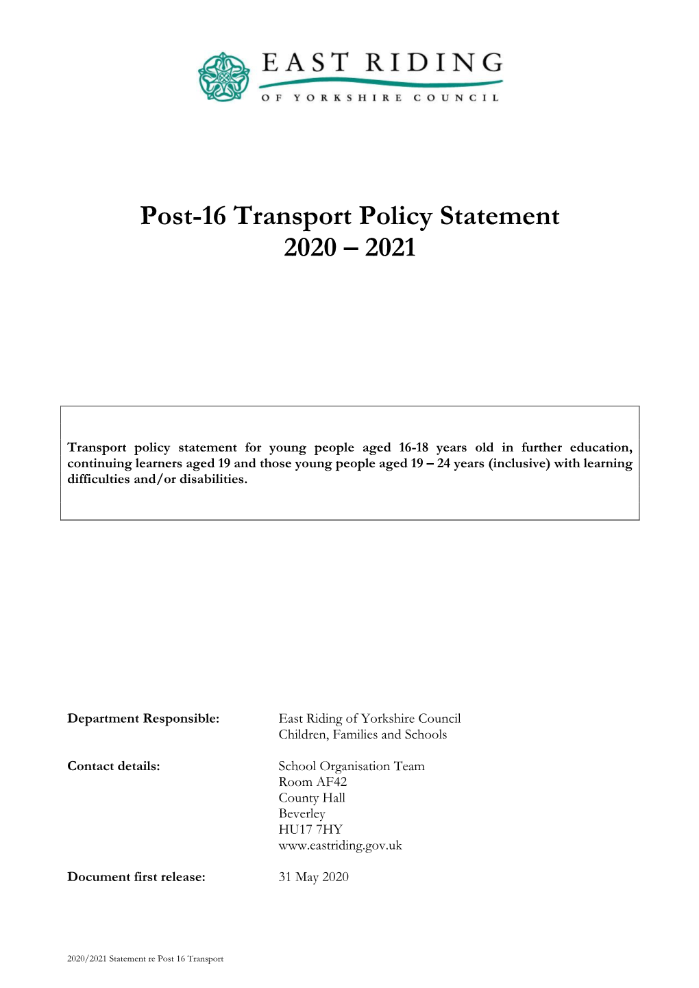 East Riding of Yorkshire Council's Post 16 Transport Policy Statement