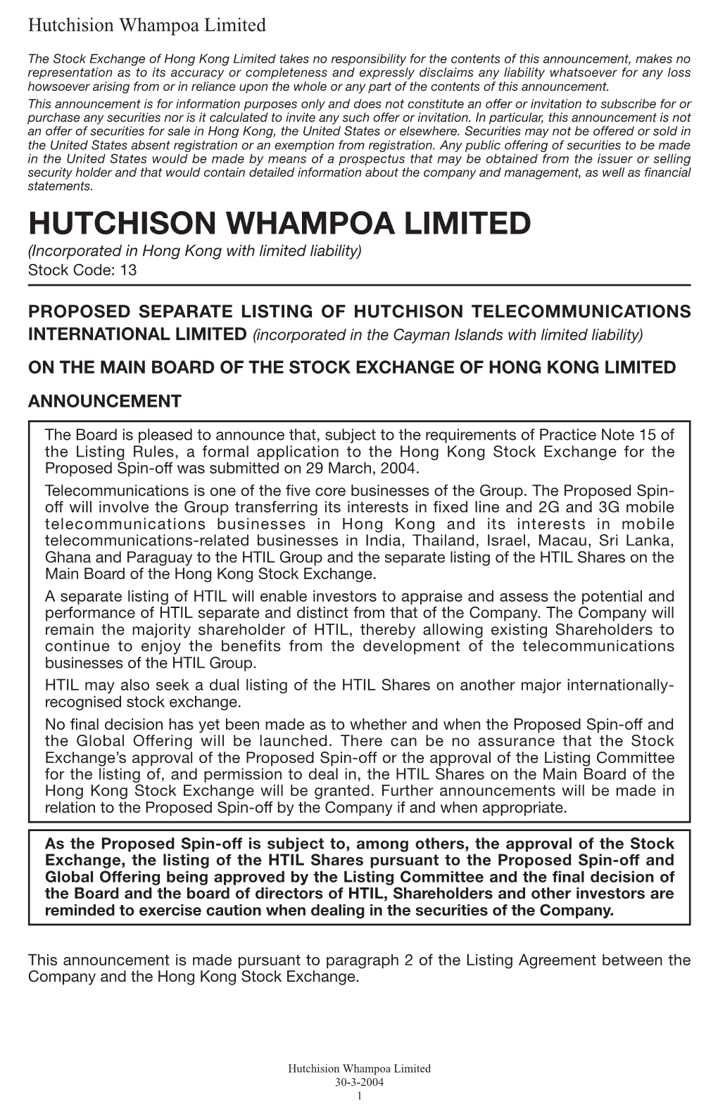 HUTCHISON WHAMPOA LIMITED (Incorporated in Hong Kong with Limited Liability) Stock Code: 13