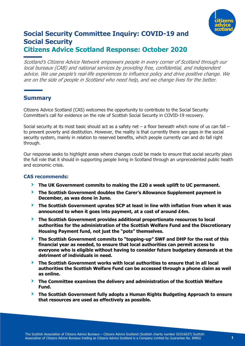 COVID-19 and Social Security Citizens Advice Scotland Response: October 2020