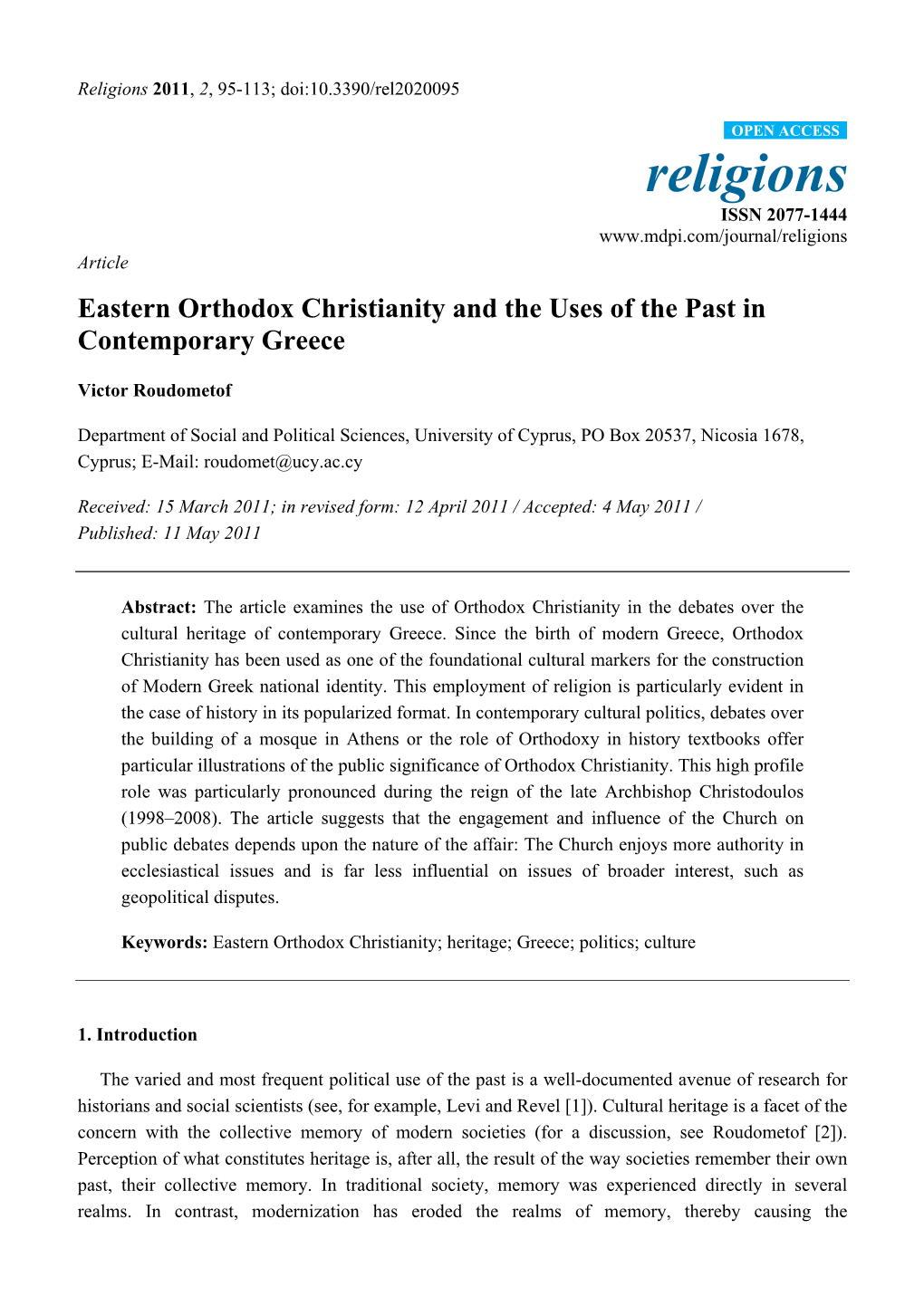 Eastern Orthodox Christianity and the Uses of the Past in Contemporary Greece