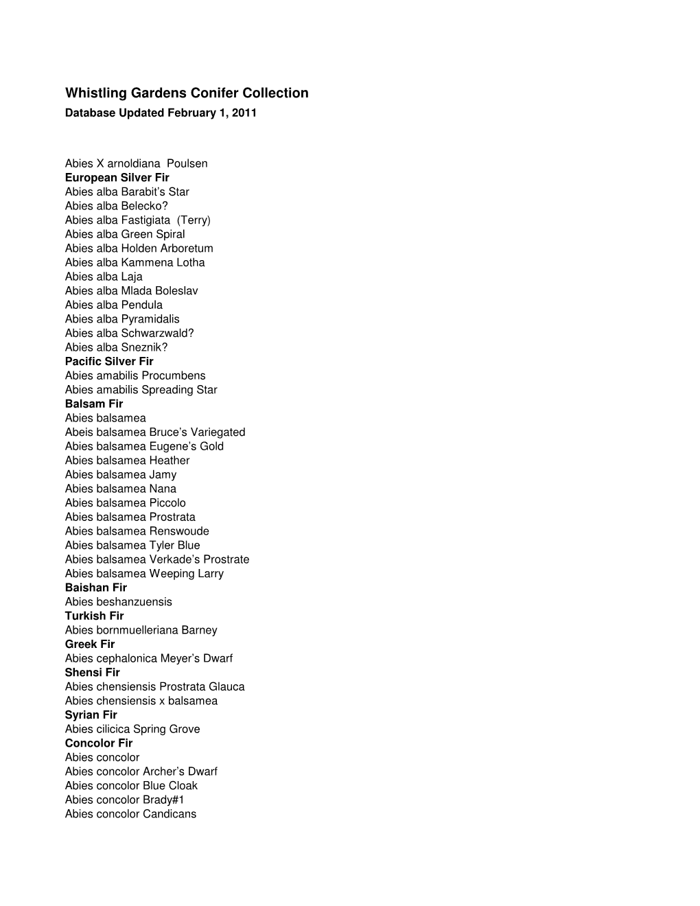 Whistling Gardens Conifer Collection Database Updated February 1, 2011