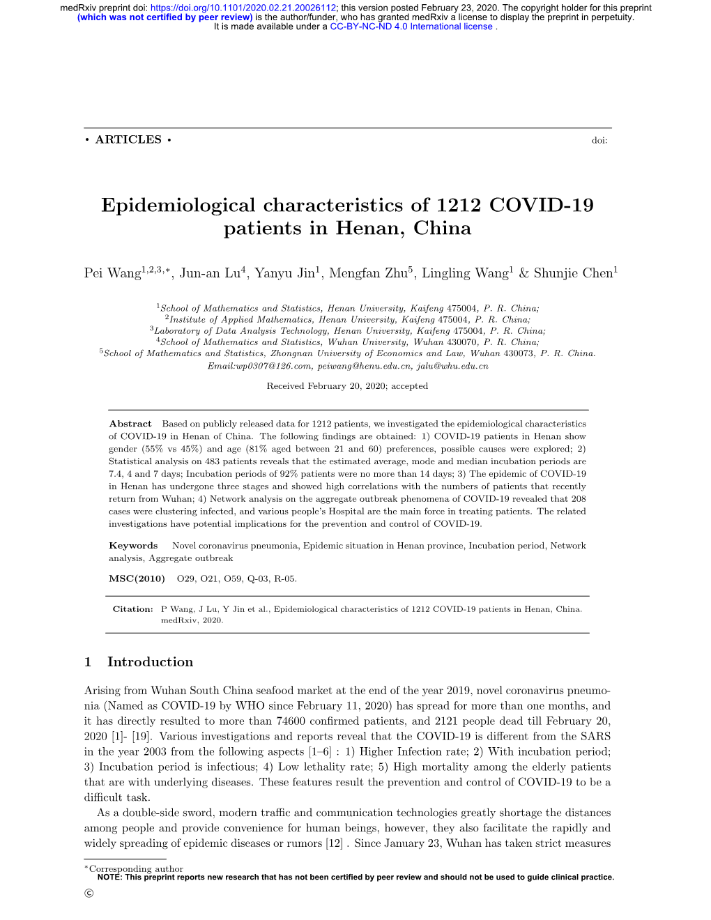 Epidemiological Characteristics of 1212 COVID-19 Patients in Henan, China