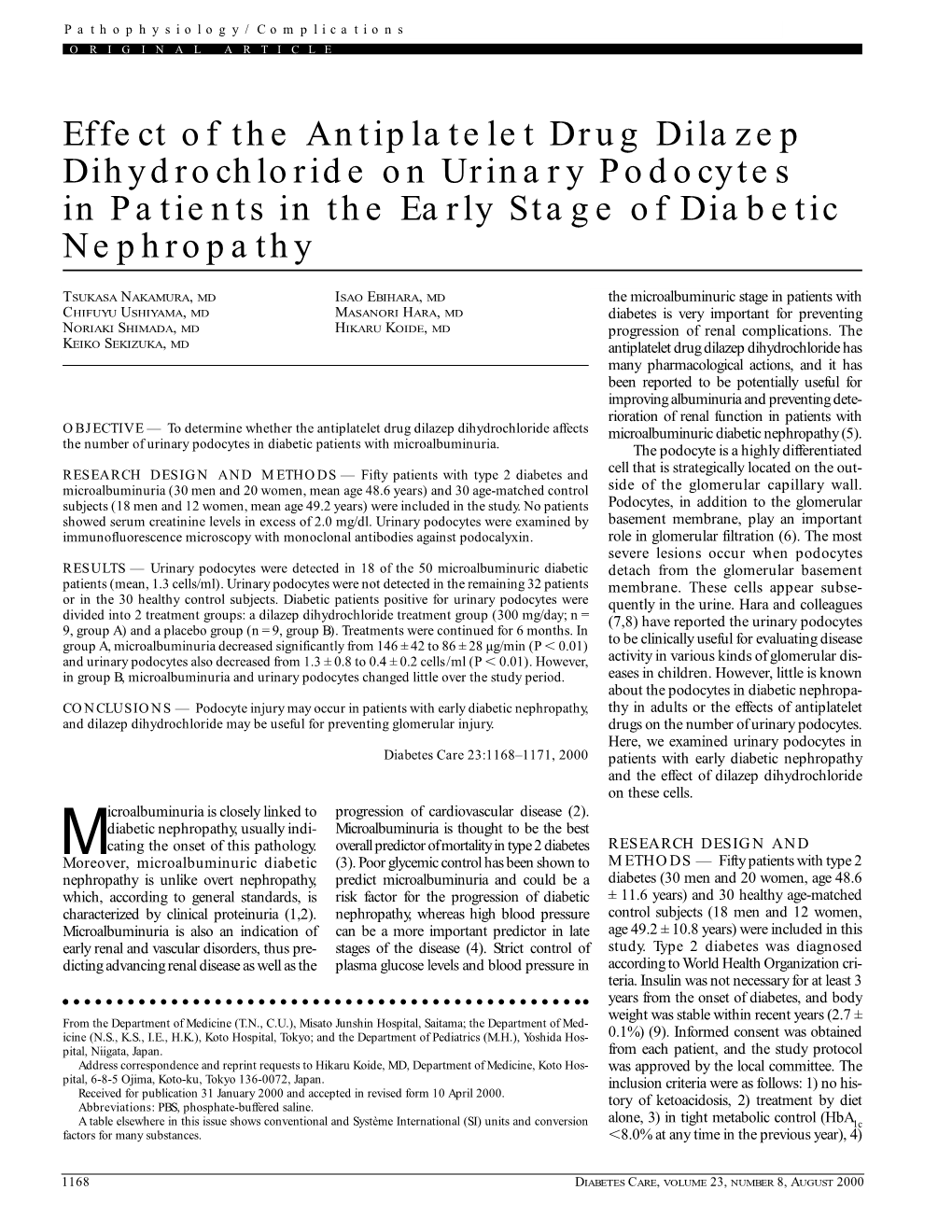 Effect of the Antiplatelet Drug Dilazep Dihydrochloride on Urinary Podocytes in Patients in the Early Stage of Diabetic Nephropathy