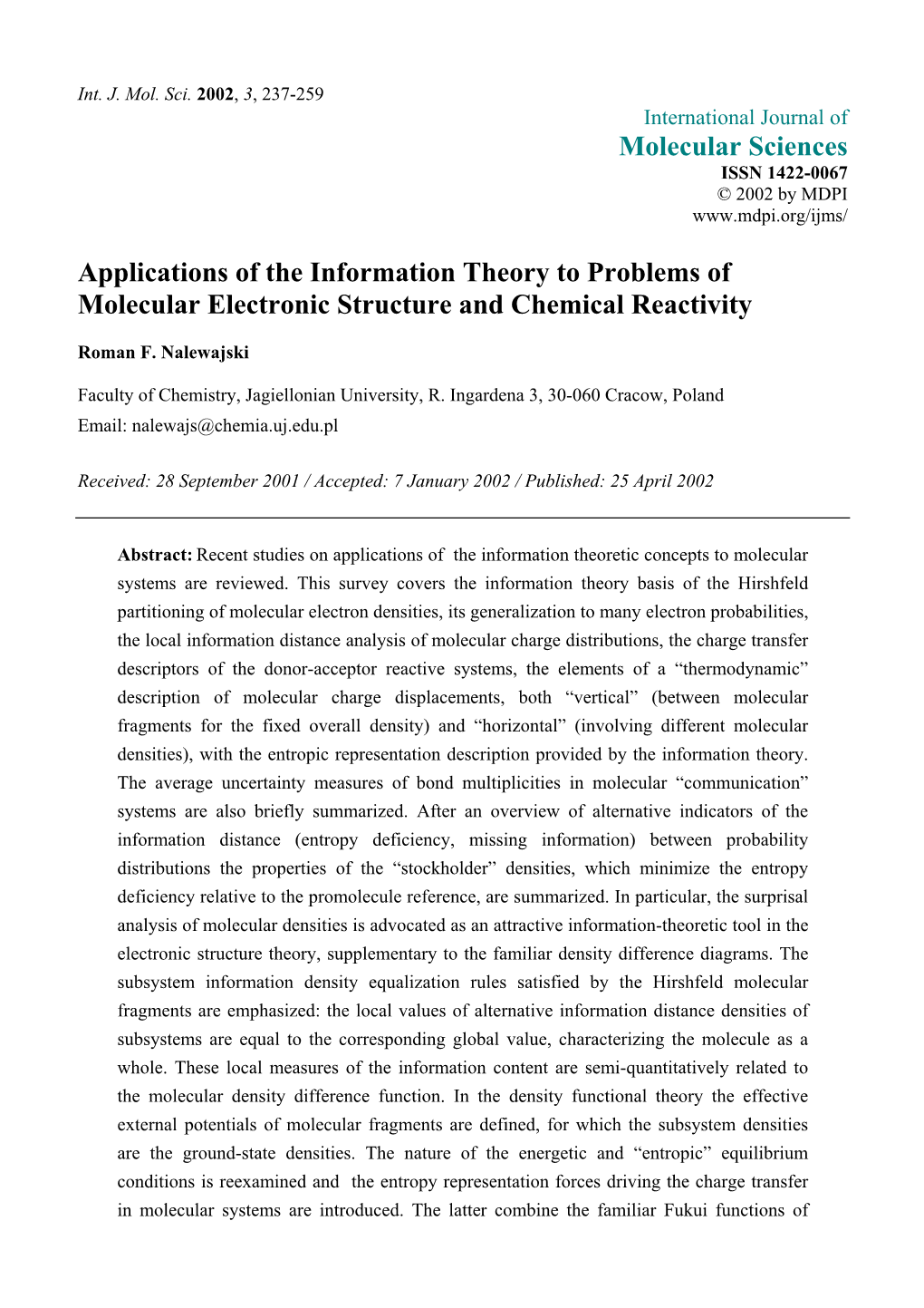 Molecular Sciences Applications of the Information Theory to Problems