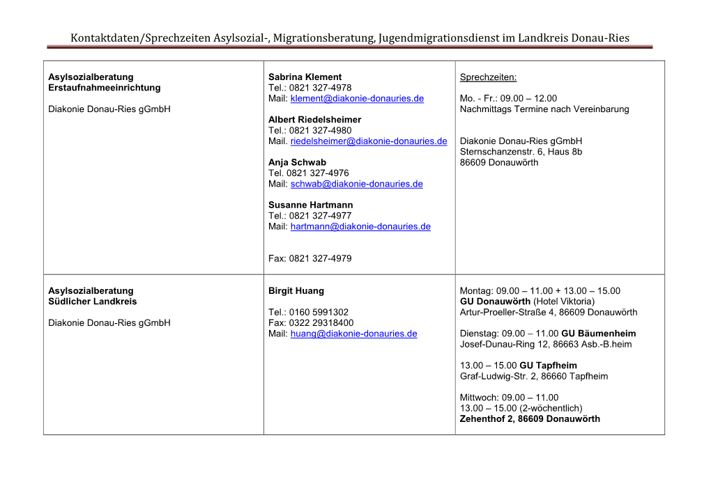 Kontaktdaten/Sprechzeiten Asylsozial-, Migrationsberatung, Jugendmigrationsdienst Im Landkreis Donau-Ries