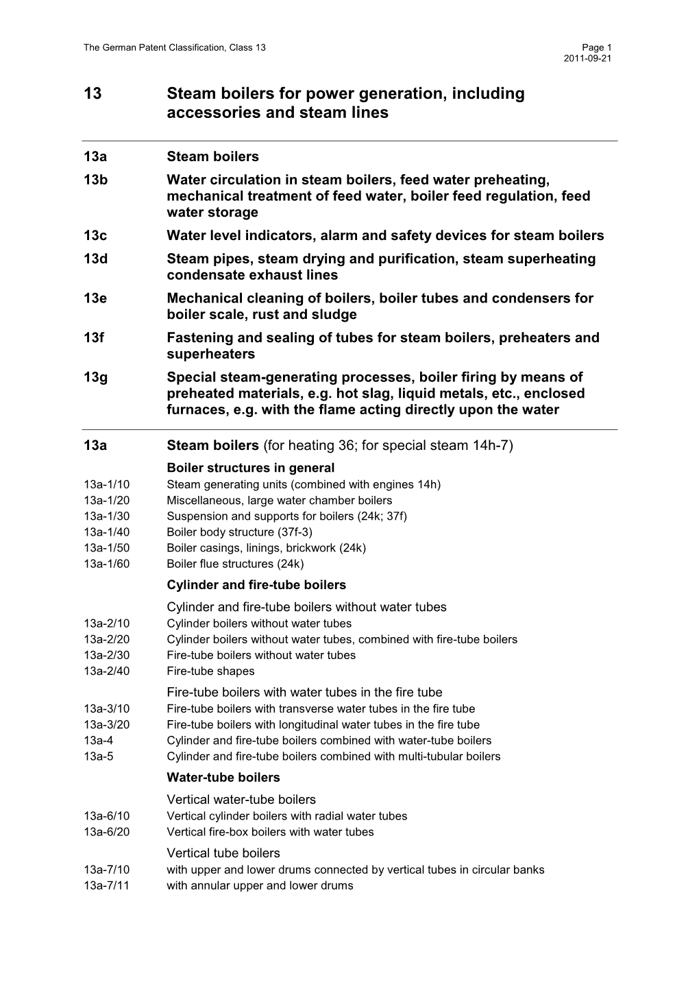 The German Patent Classification, Class 13 Page 1 2011-09-21