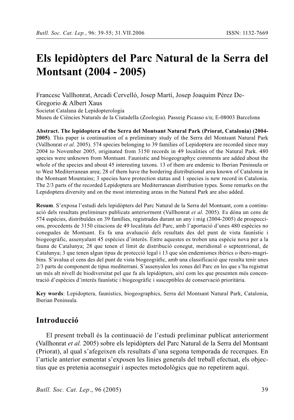 Els Lepidòpters Del Parc Natural De La Serra Del Montsant (2004 - 2005)