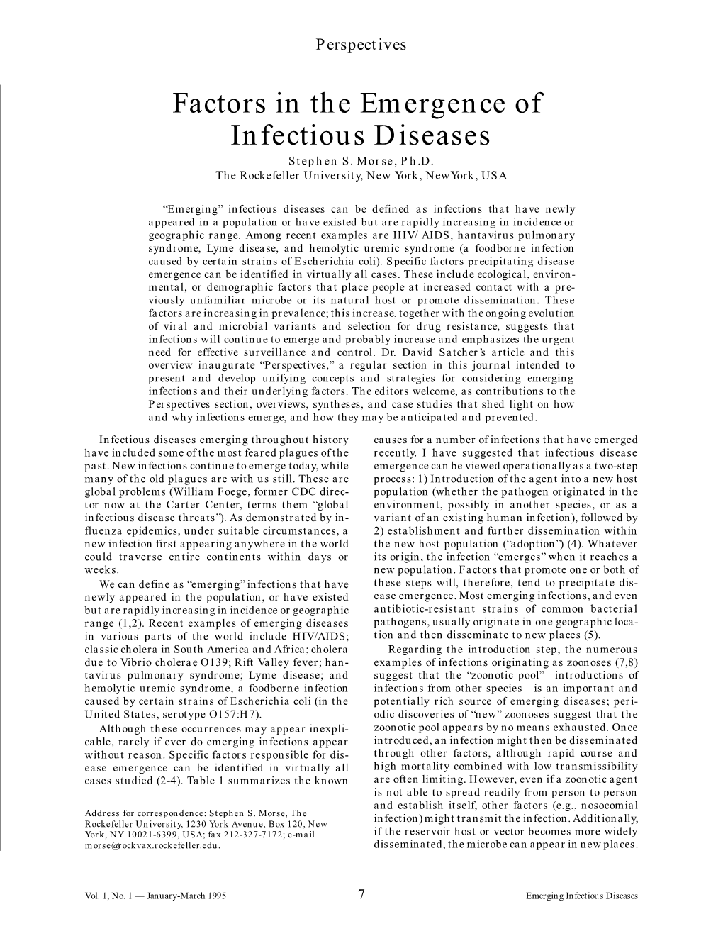 Factors in the Emergence of Infectious Diseases Stephen S