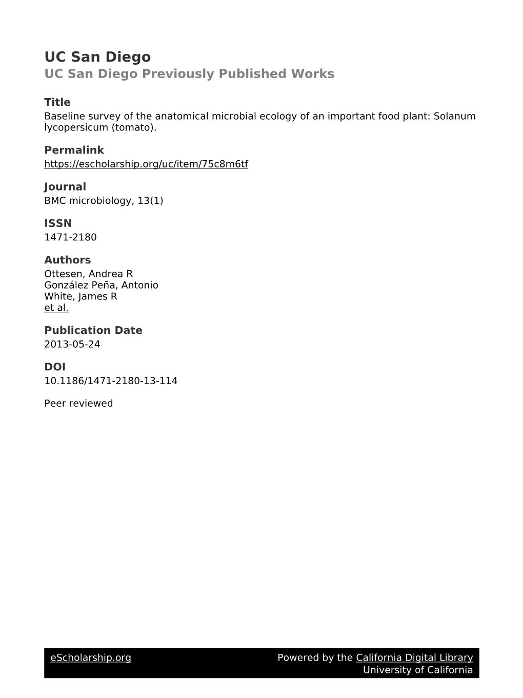 Baseline Survey of the Anatomical Microbial Ecology of an Important Food Plant: Solanum Lycopersicum (Tomato)