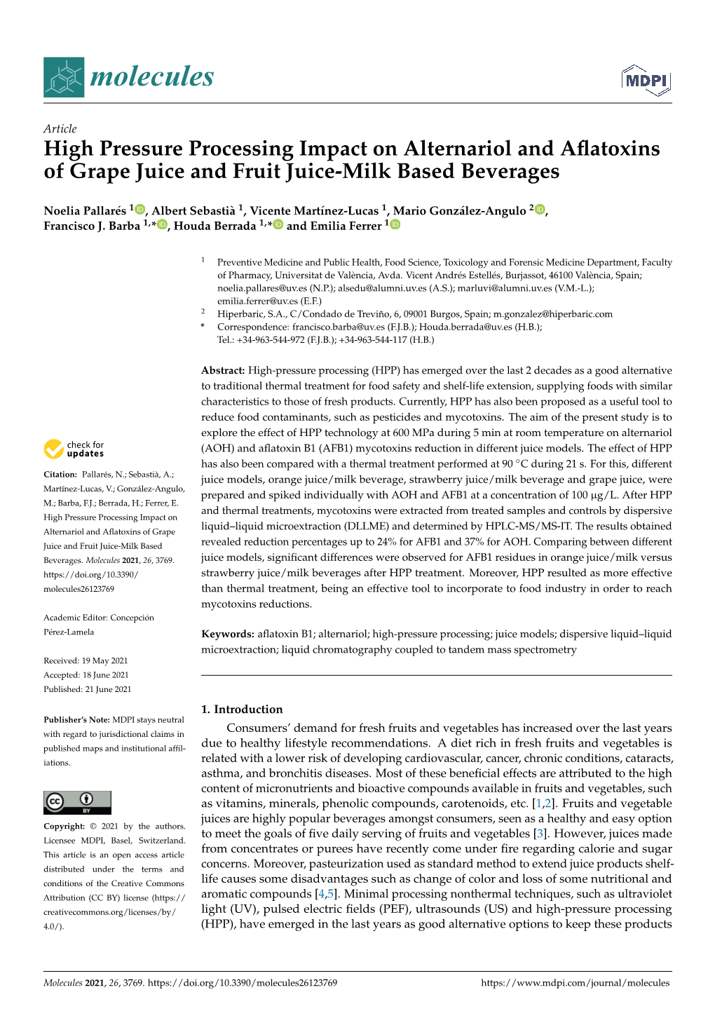 High Pressure Processing Impact on Alternariol and Aflatoxins of Grape