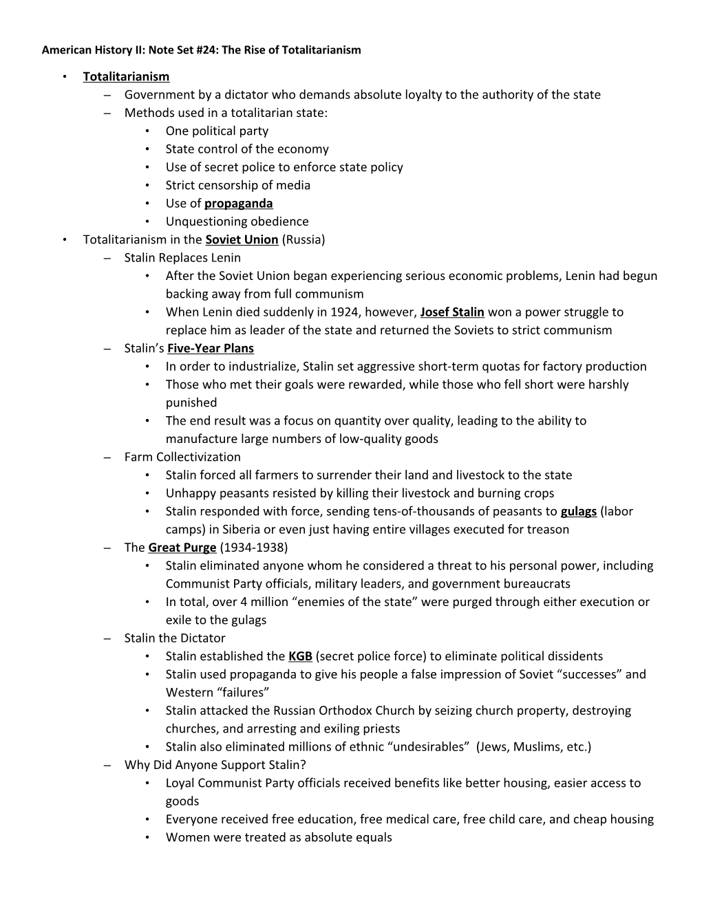 American History II: Note Set #24: the Rise of Totalitarianism