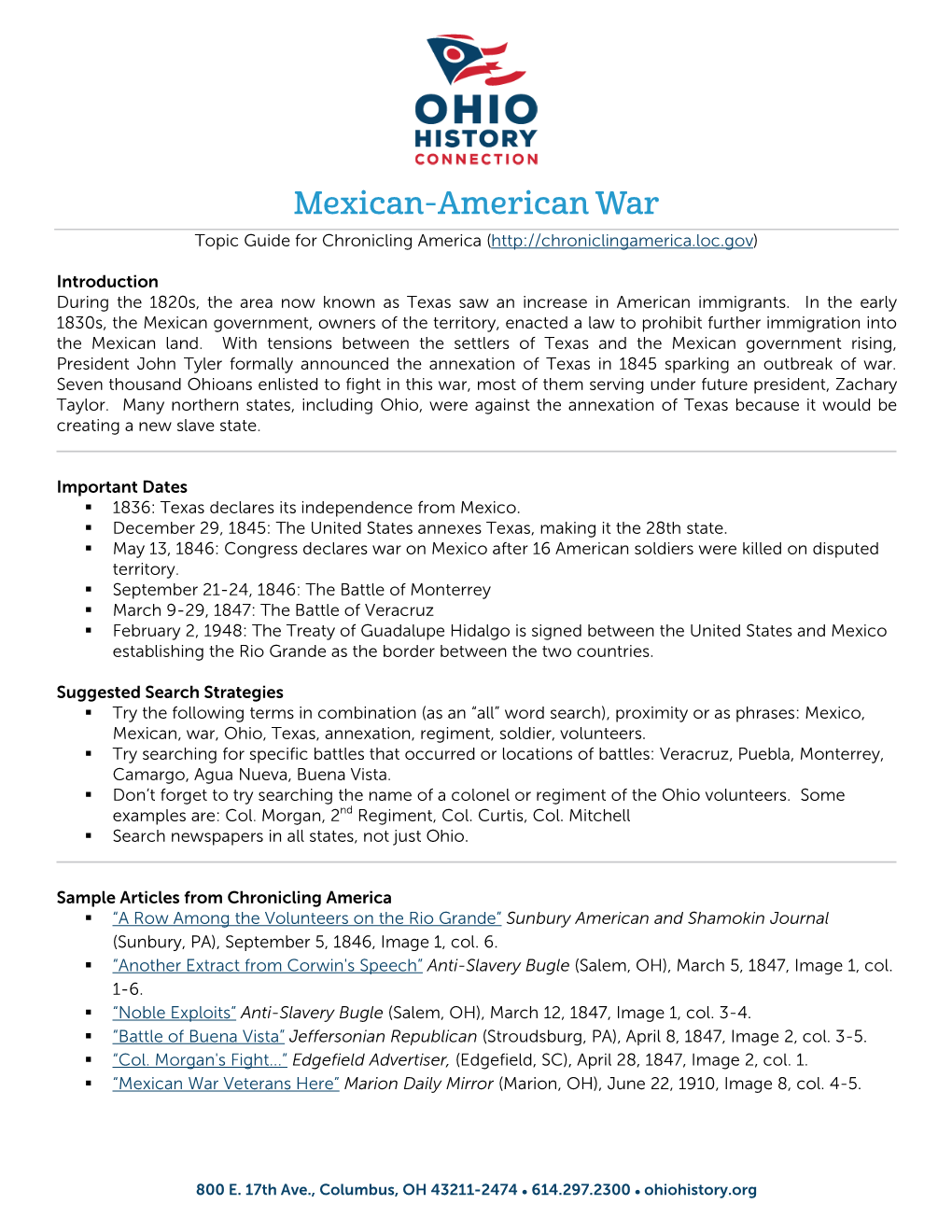 Mexican-American War Topic Guide for Chronicling America (