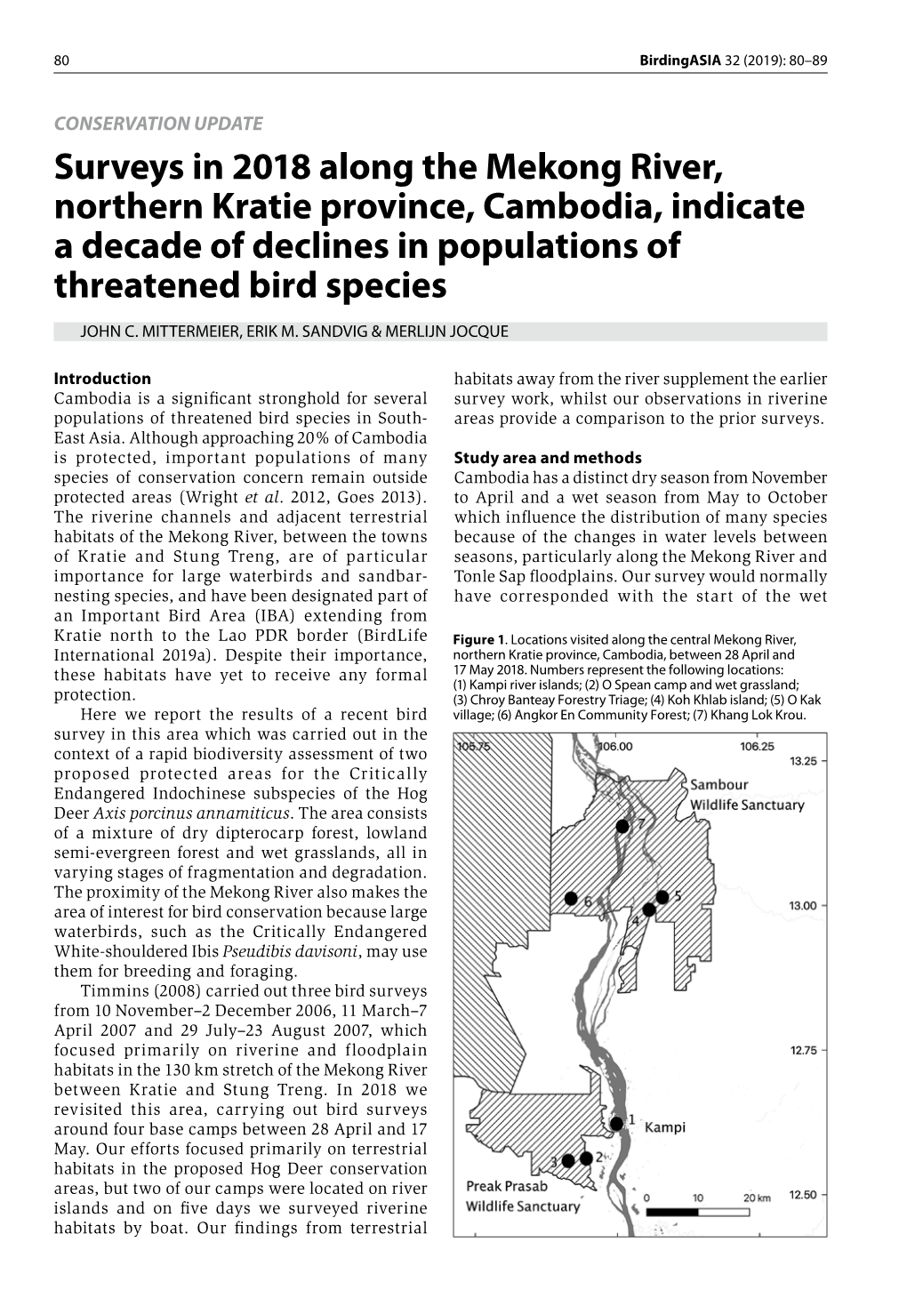 Surveys in 2018 Along the Mekong River, Northern Kratie Province, Cambodia, Indicate a Decade of Declines in Populations of Threatened Bird Species