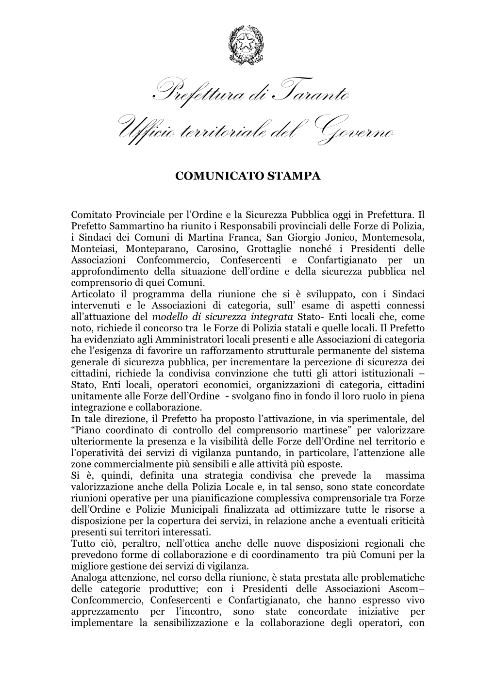 Prefettura Di Taranto Ufficio Territoriale Del Governo