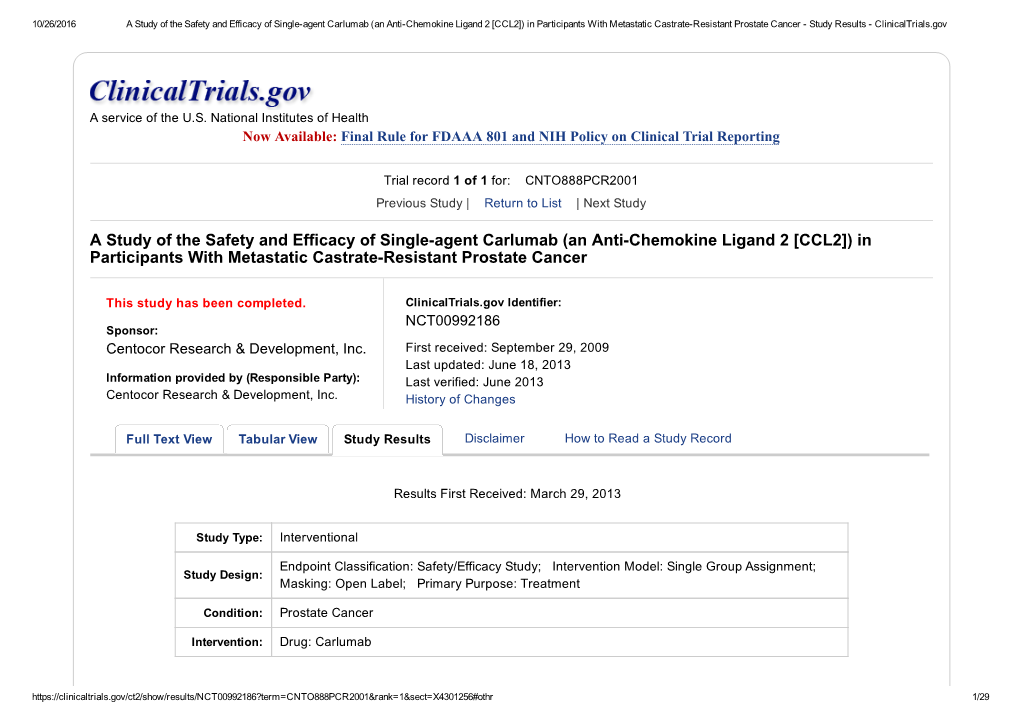 A Study of the Safety and Efficacy of Singleagent Carlumab (An