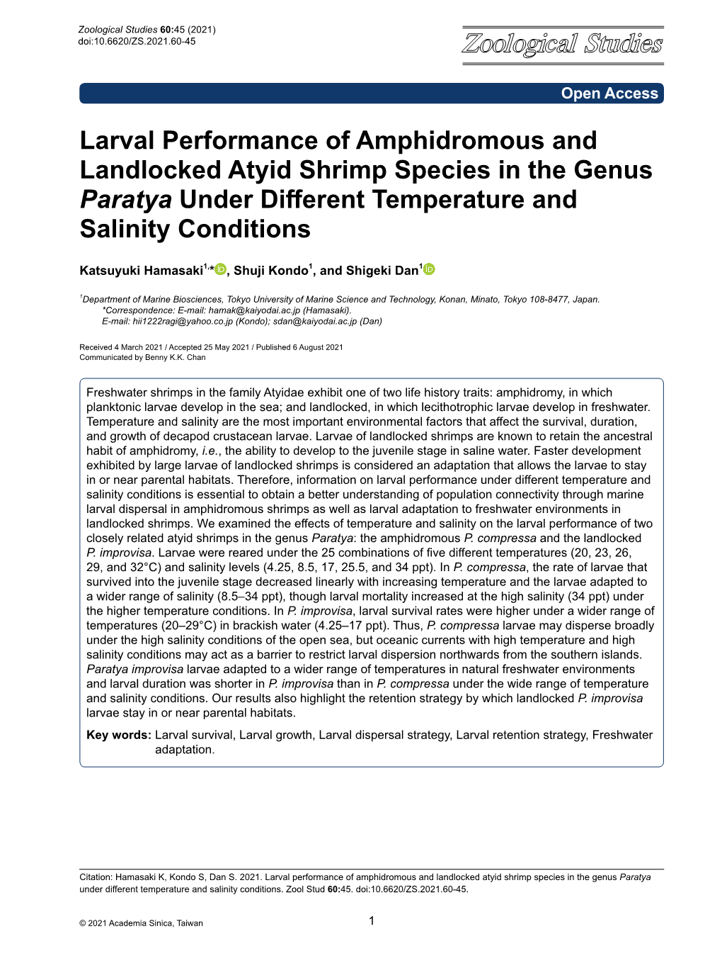 Larval Performance of Amphidromous and Landlocked Atyid Shrimp Species in the Genus Paratya Under Different Temperature and Salinity Conditions