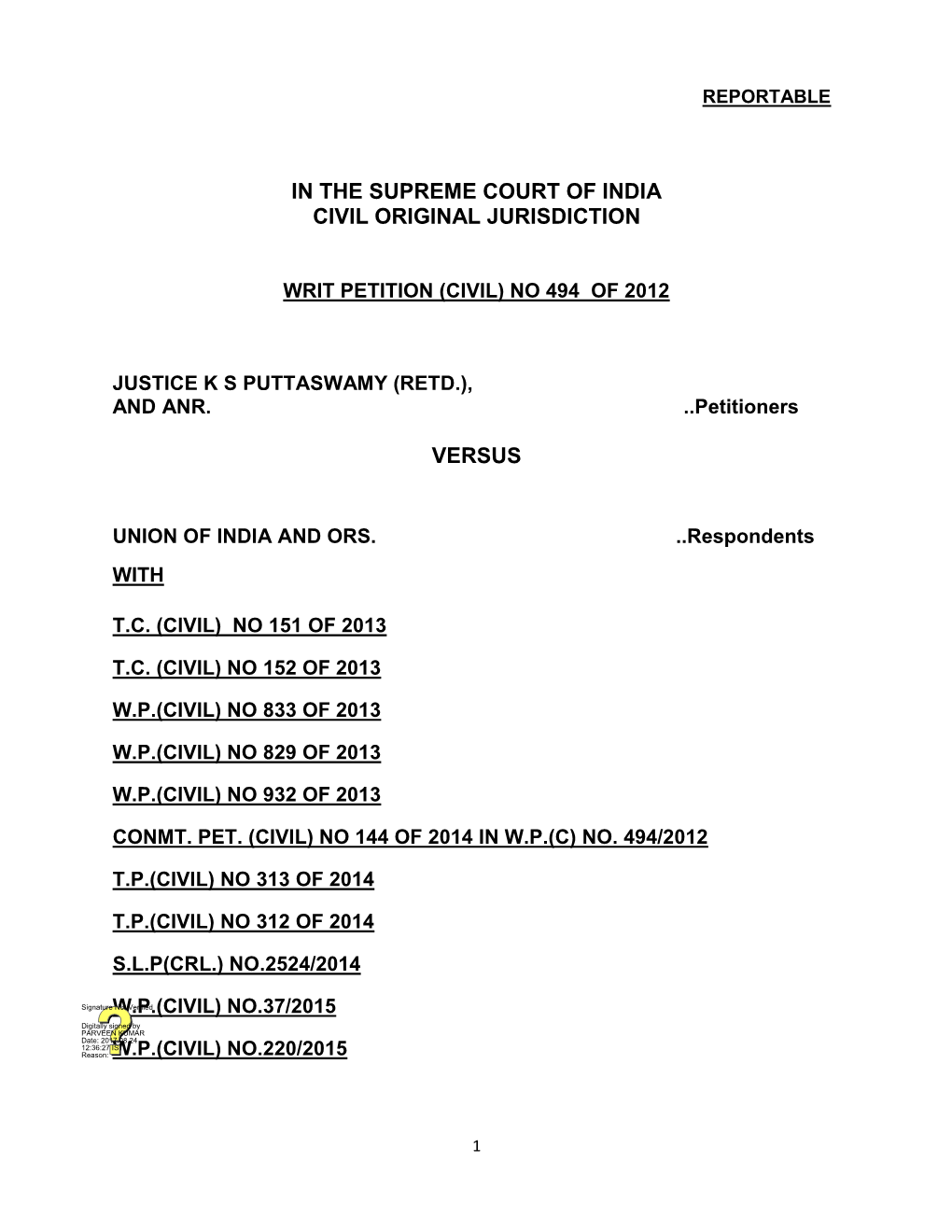 (Civil) No 494 of 2012 Justice Ks Puttaswamy