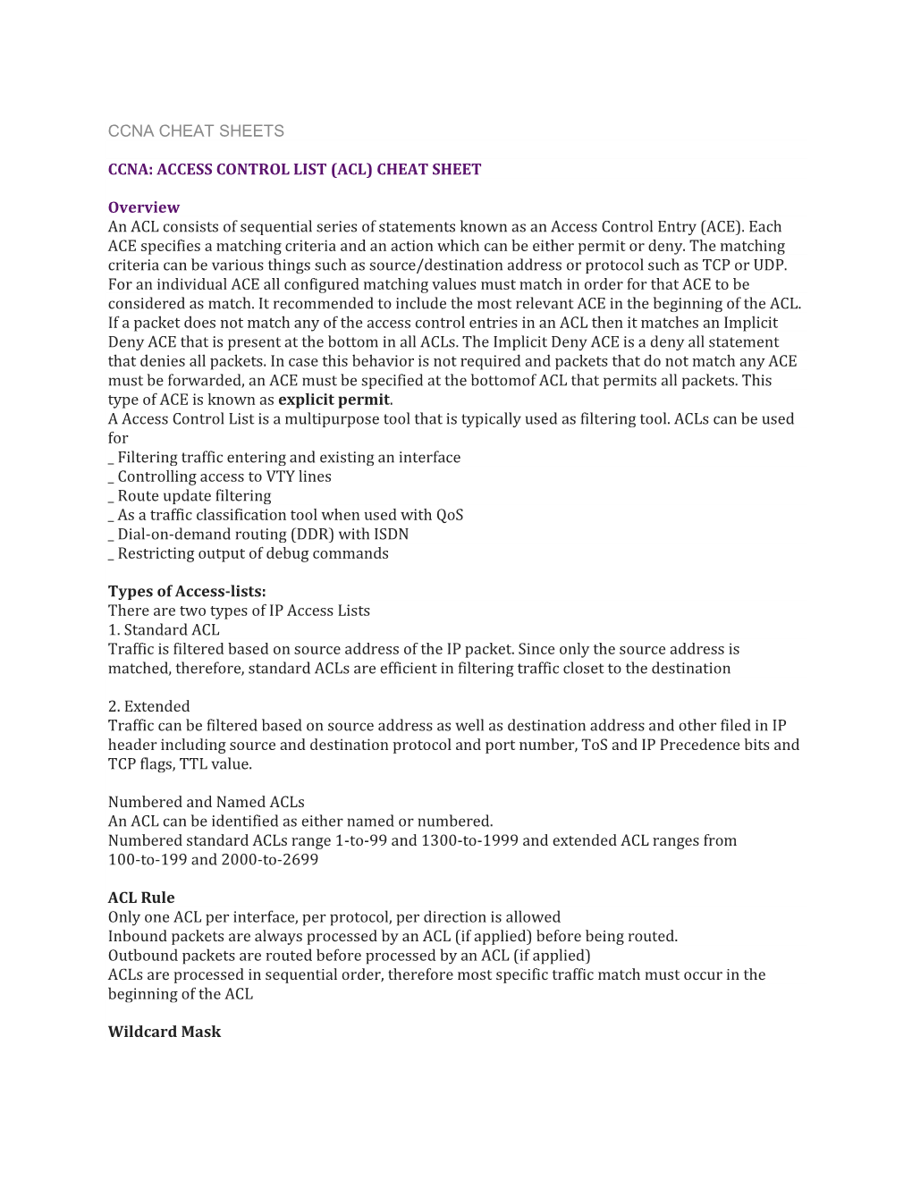 CHEAT SHEET Overview an ACL Consists of Sequential Series Of