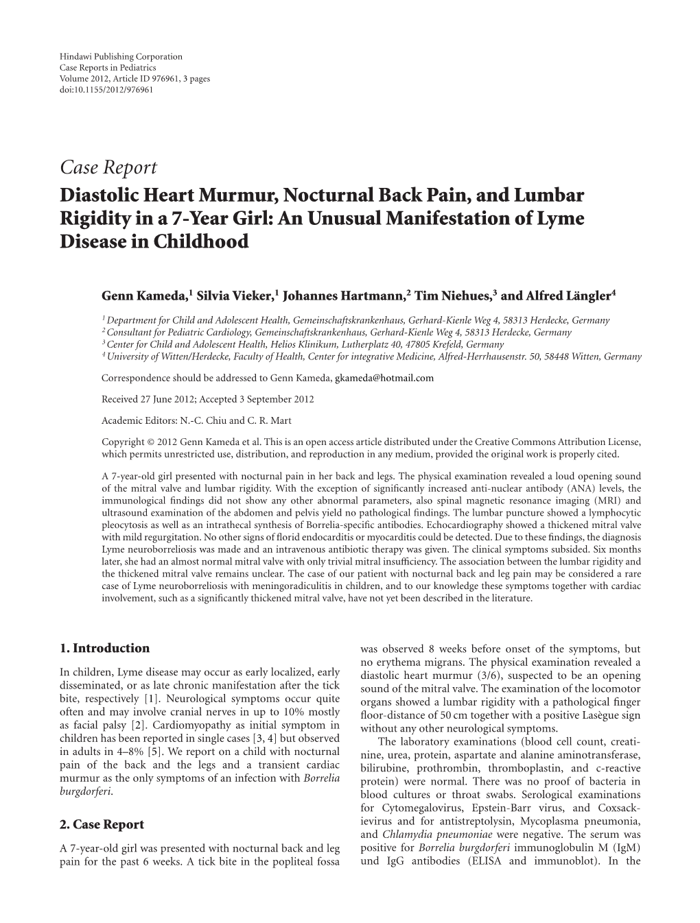 Diastolic Heart Murmur, Nocturnal Back Pain, and Lumbar Rigidity in a 7-Year Girl: an Unusual Manifestation of Lyme Disease in Childhood