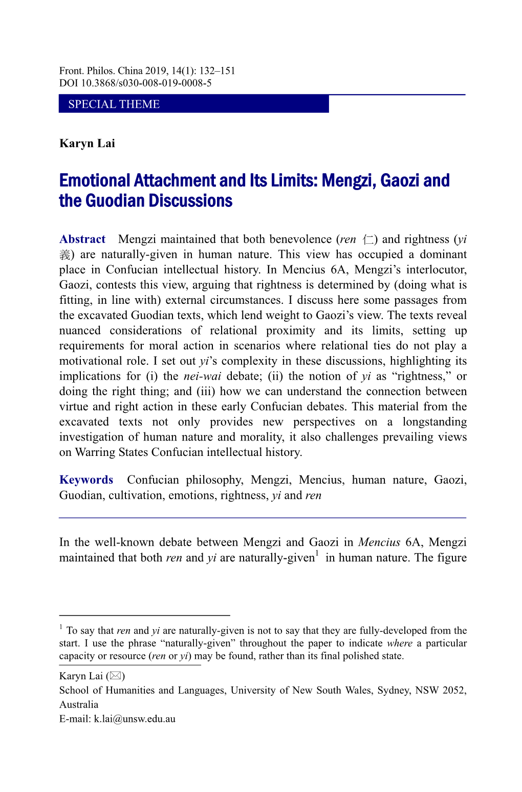 Emotional Attachment and Its Limits: Mengzi, Gaozi and the Guodian Discussions