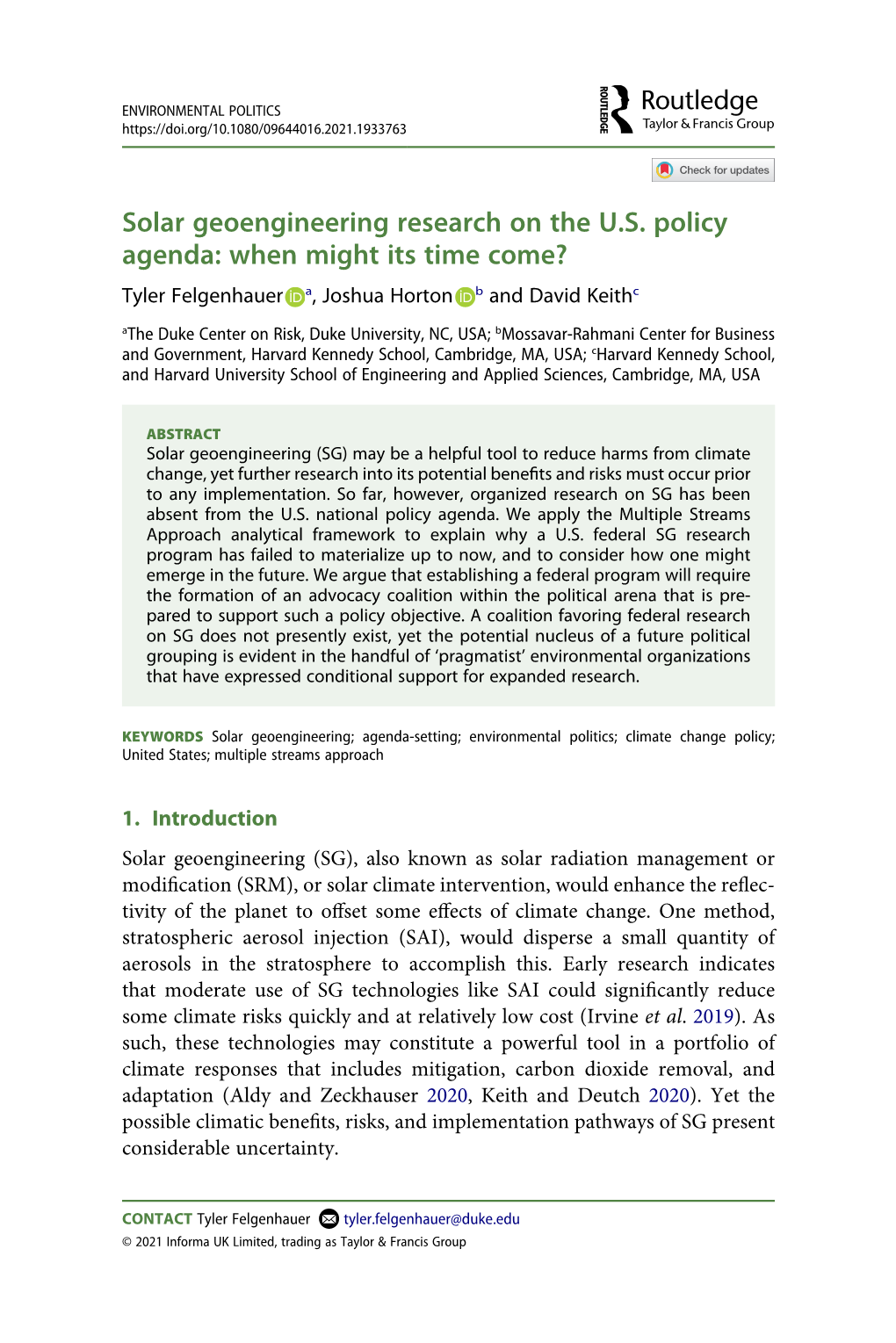 Solar Geoengineering Research on the US Policy Agenda