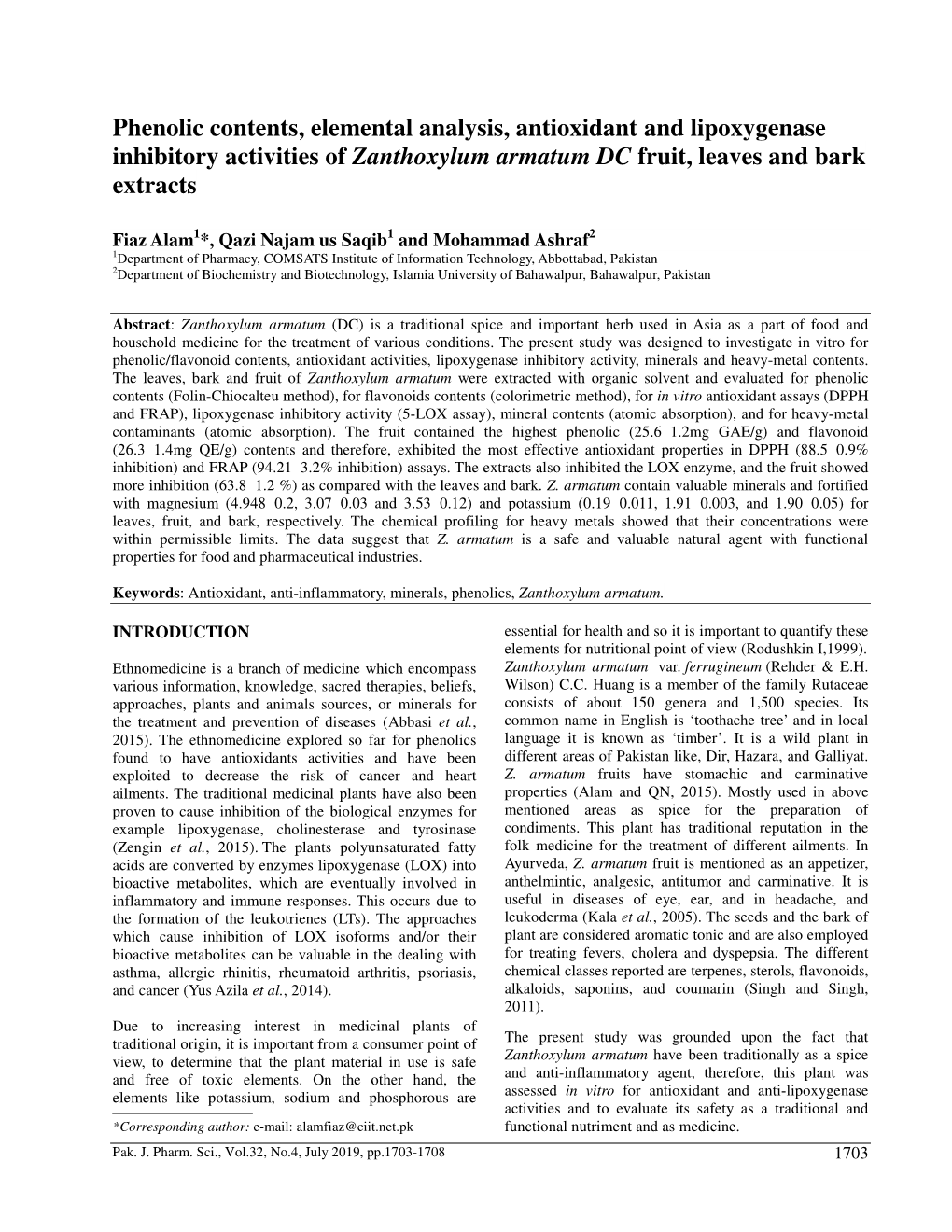 Phenolic Contents, Elemental Analysis, Antioxidant and Lipoxygenase Inhibitory Activities of Zanthoxylum Armatum DC Fruit, Leaves and Bark Extracts