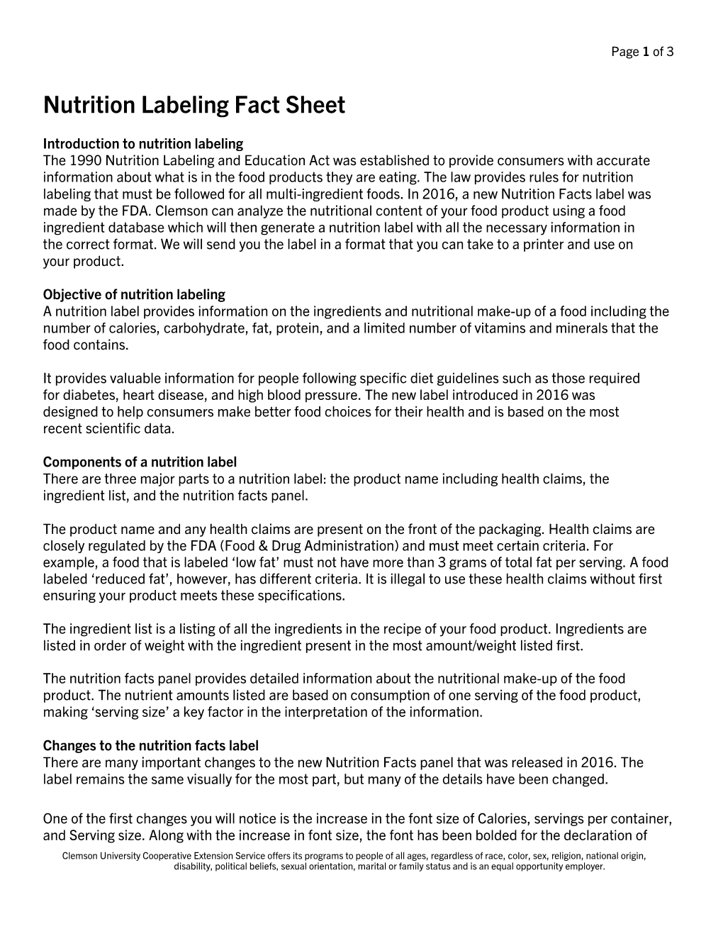 Nutrition Labeling Fact Sheet