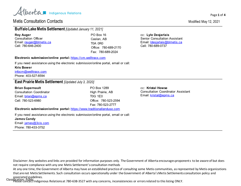 Metis Community Contact Listings