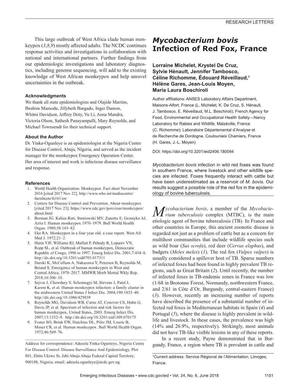 Mycobacterium Bovis Infection of Red Fox, France