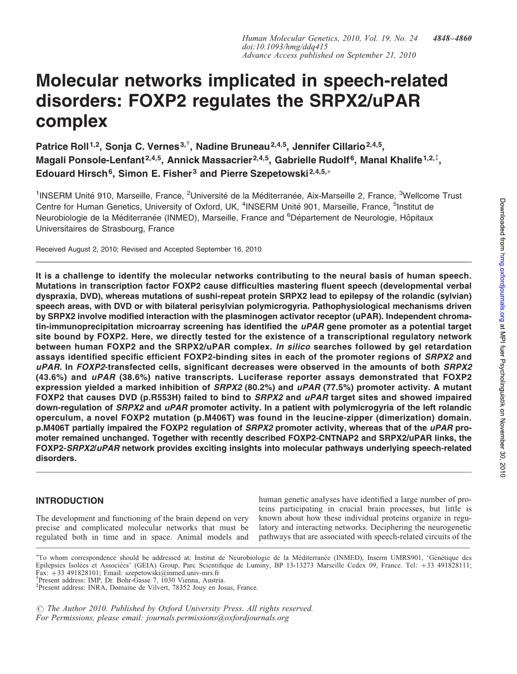 FOXP2 Regulates the SRPX2/Upar Complex