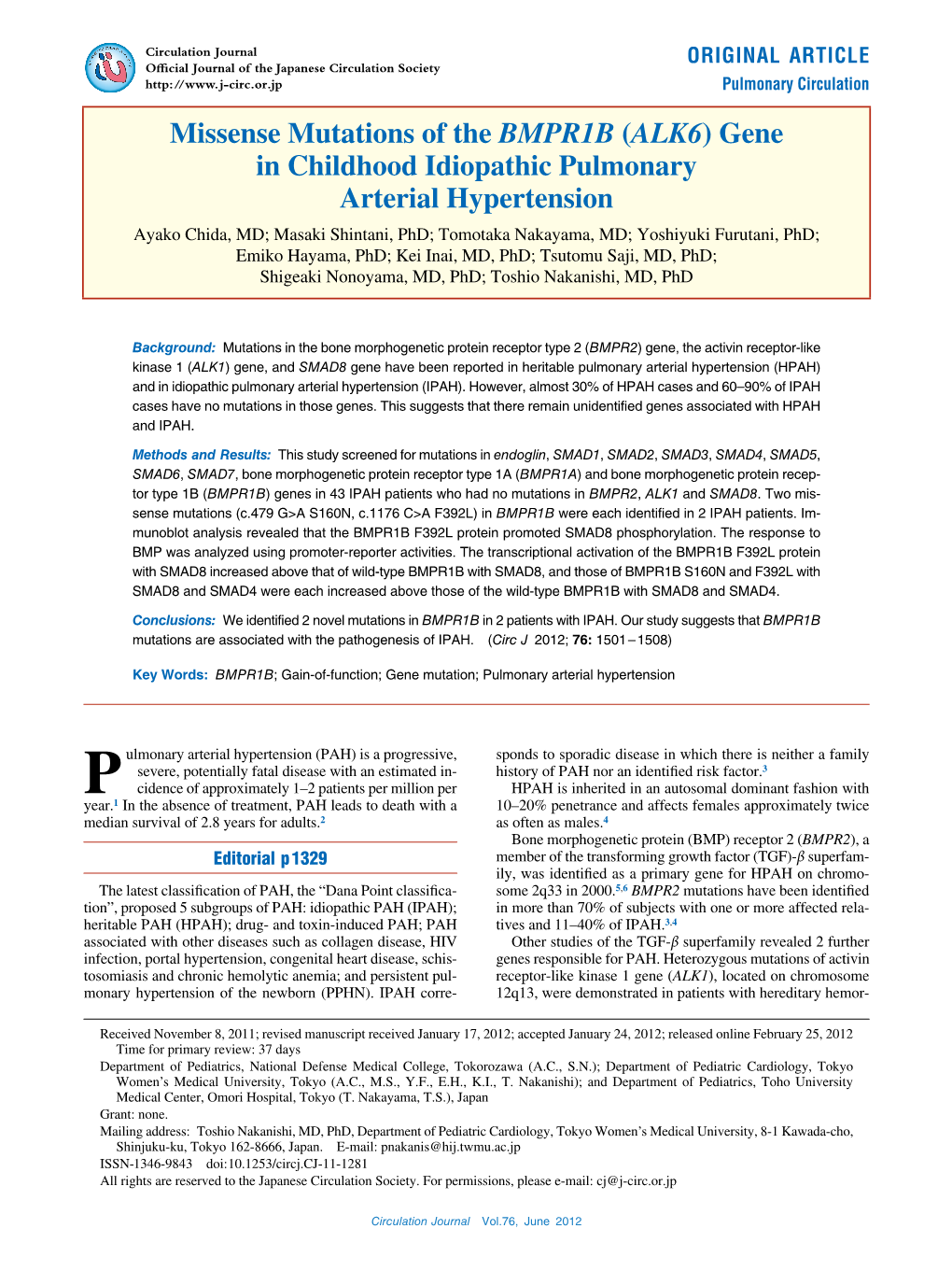 Missense Mutations of the BMPR1B (ALK6) Gene in Childhood Idiopathic Pulmonary Arterial Hypertension