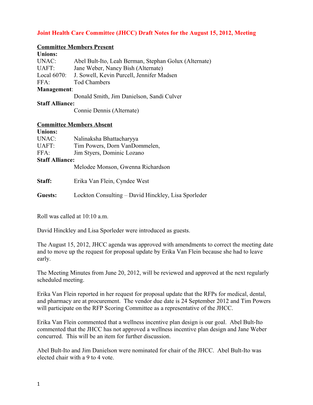 Joint Health Care Committee (JHCC) Draft Notes for the August 15, 2012, Meeting