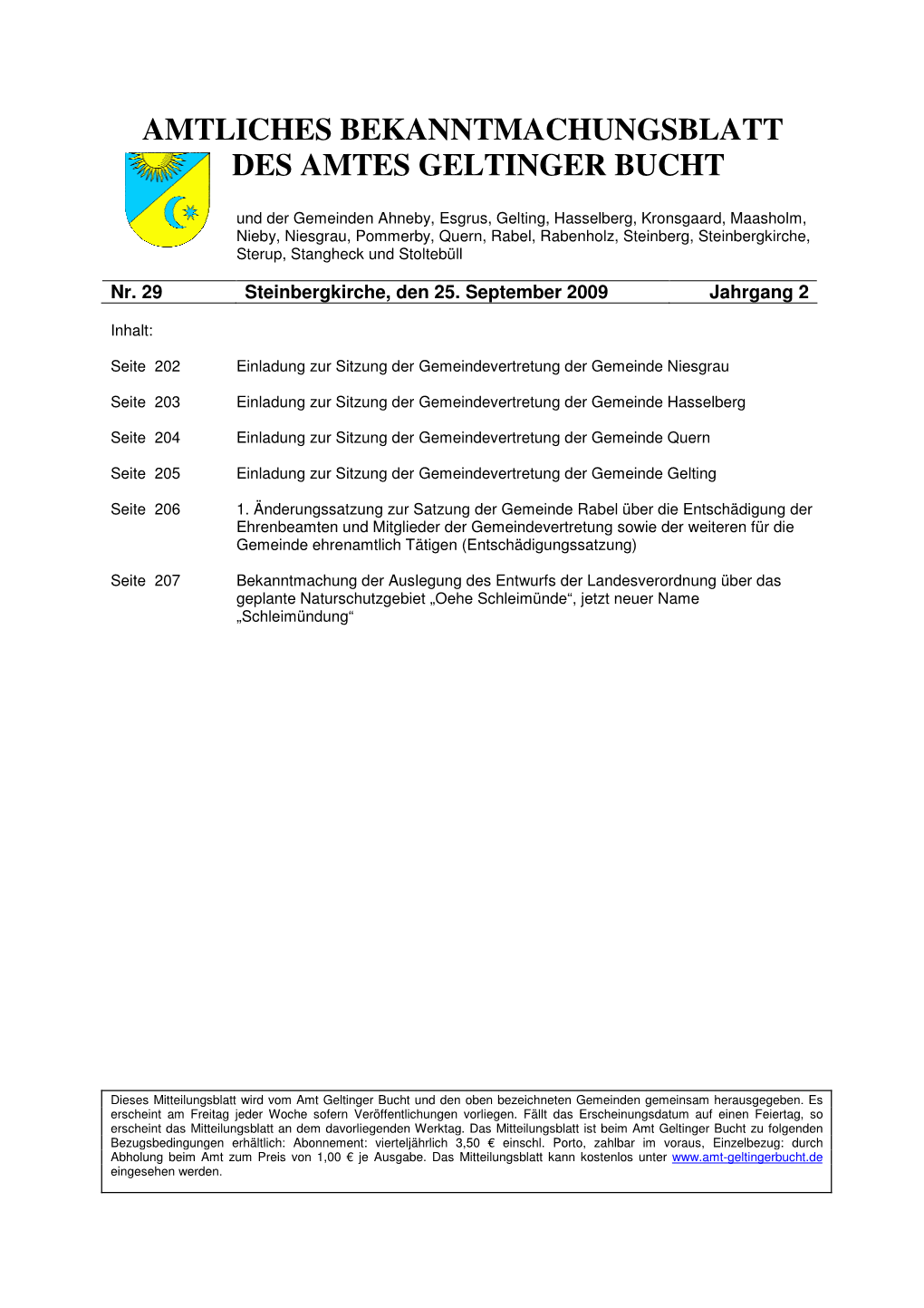 Amtliches Bekanntmachungsblatt Des Amtes Geltinger Bucht Nr. 29/2009