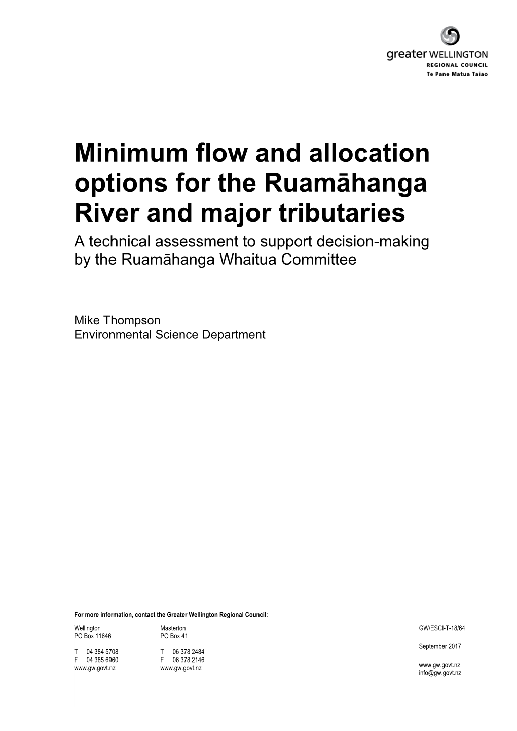 Minimum Flow and Allocation Options for the Ruamāhanga River and Major Tributaries