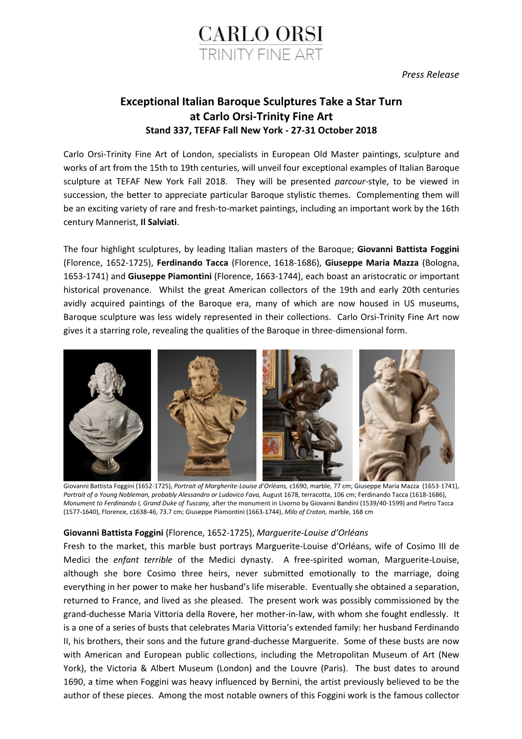 Exceptional Italian Baroque Sculptures Take a Star Turn at Carlo Orsi-Trinity Fine Art Stand 337, TEFAF Fall New York - 27-31 October 2018