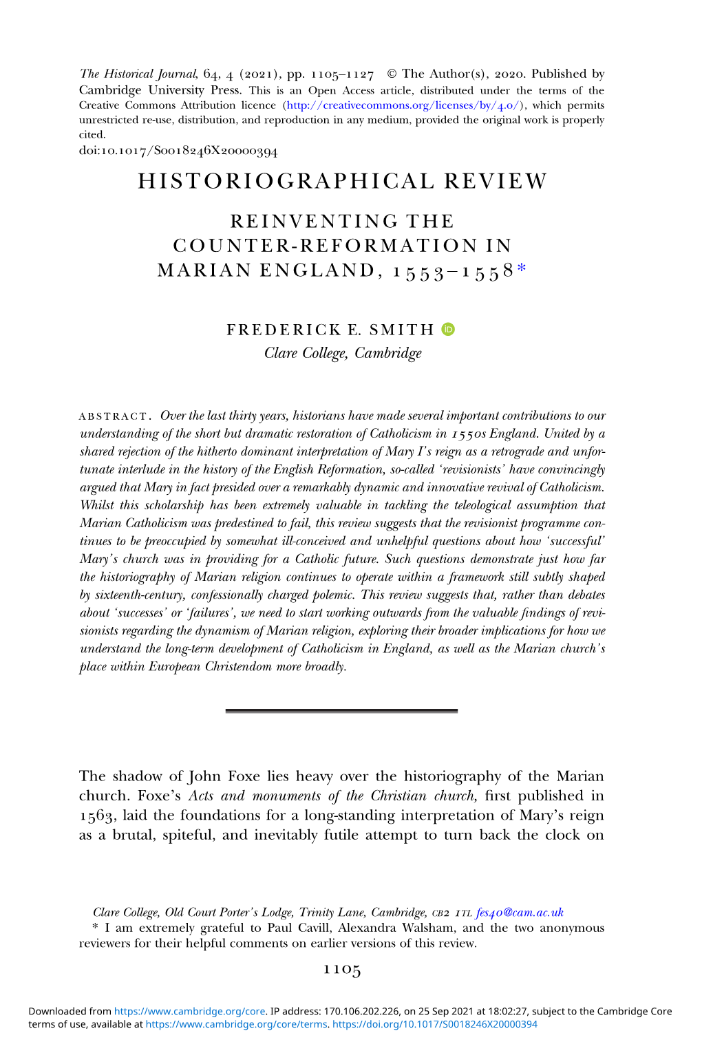 Historiographical Review Reinventing the Counter-Reformation in Marian England, – *