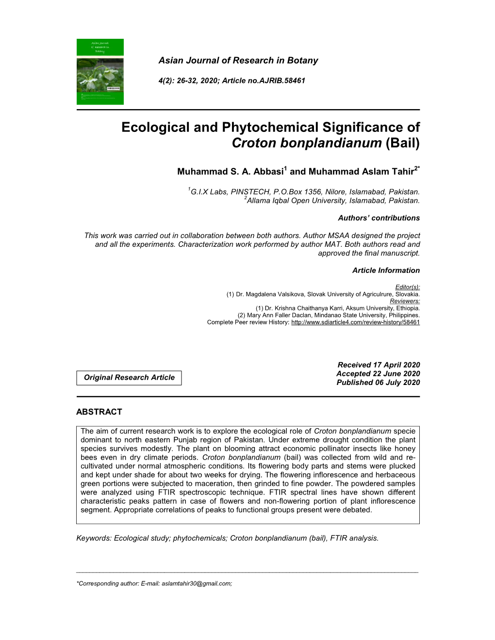 Ecological and Phytochemical Significance of Croton Bonplandianum (Bail)