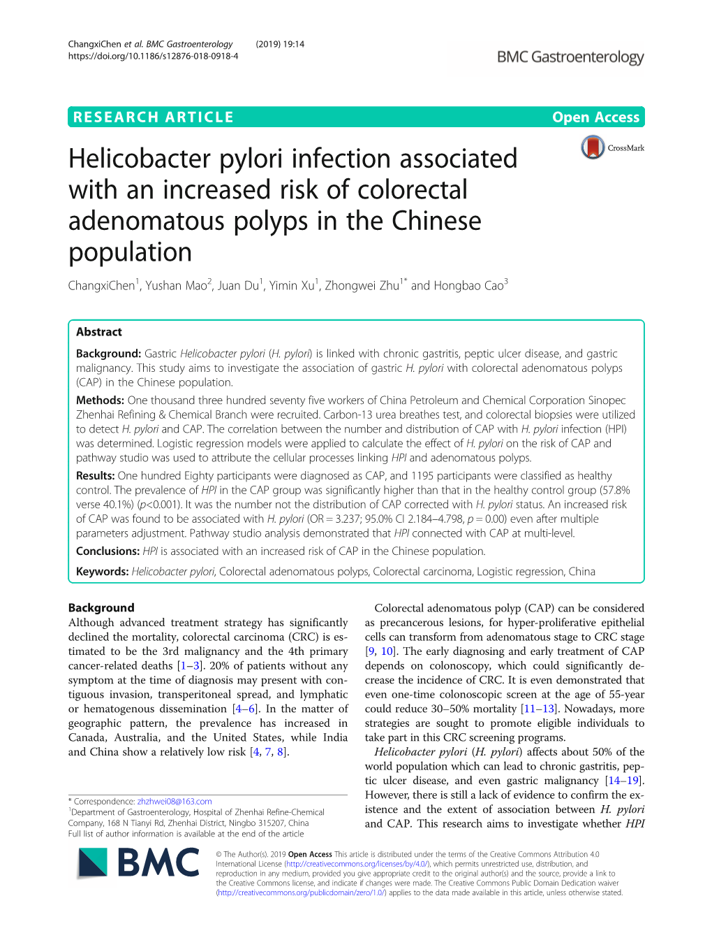 Helicobacter Pylori Infection Associated with an Increased Risk Of