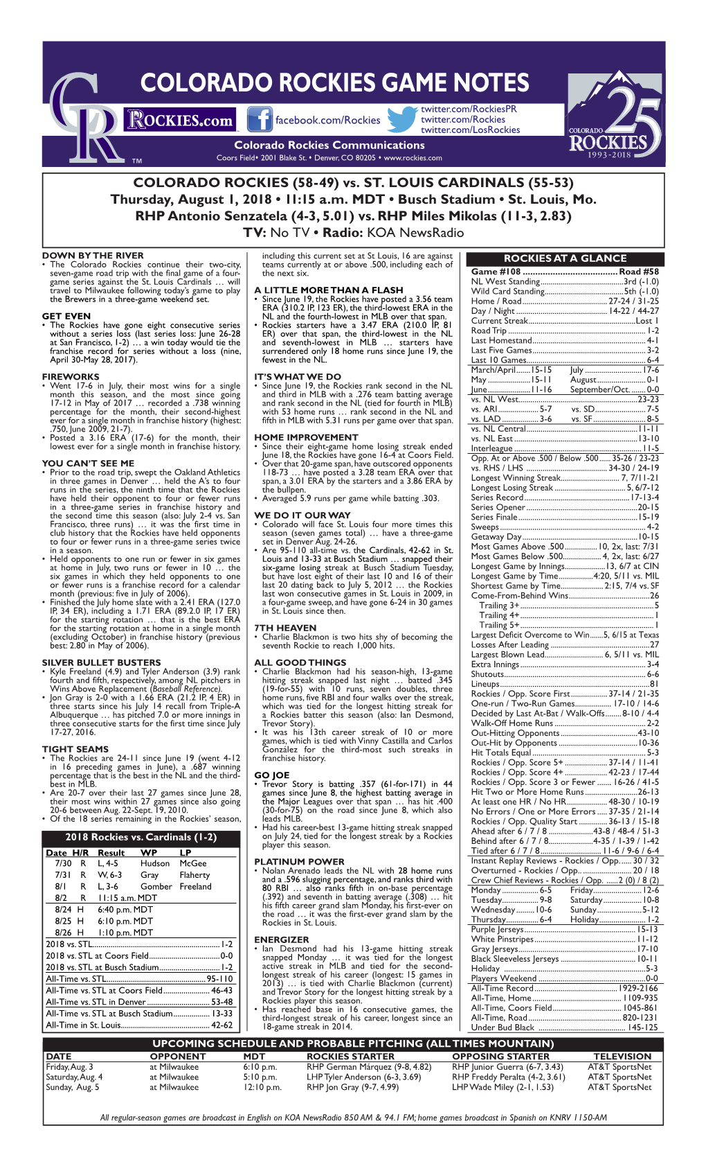 Colorado Rockies Game Notes