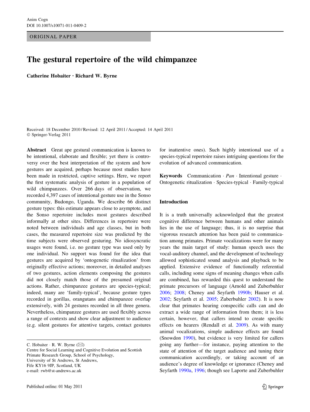 The Gestural Repertoire of the Wild Chimpanzee