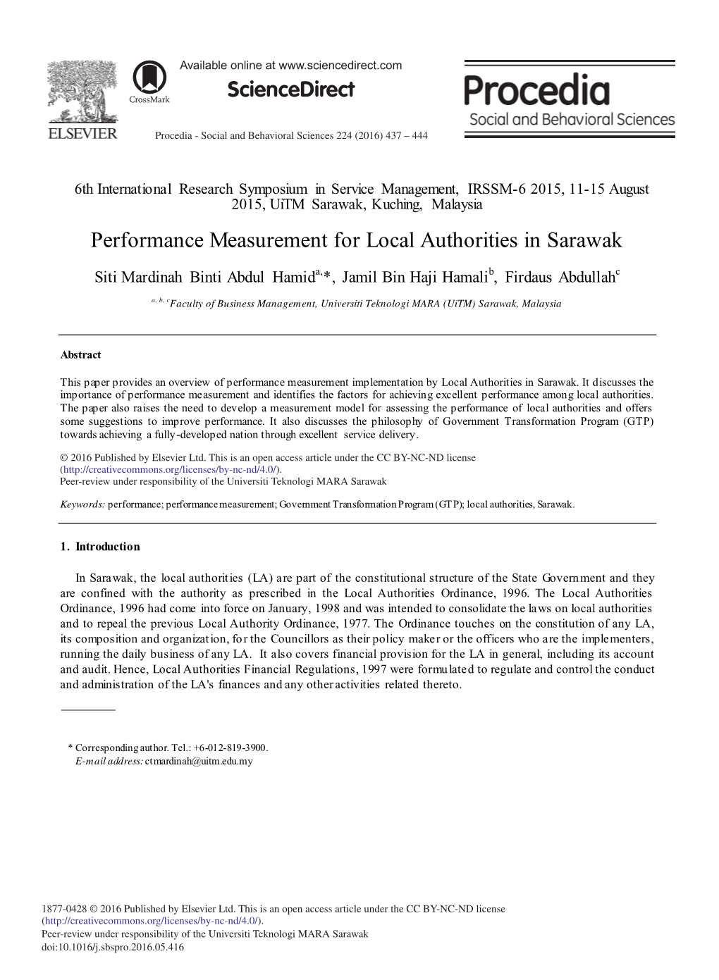 Performance Measurement for Local Authorities in Sarawak