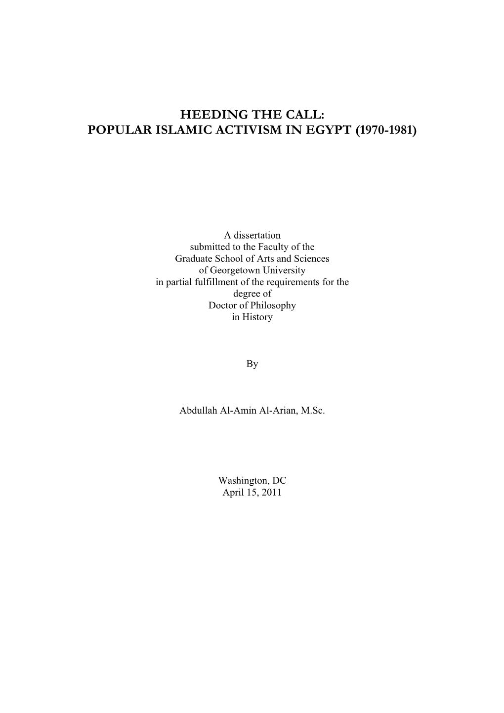 Popular Islamic Activism in Egypt (1970-1981)